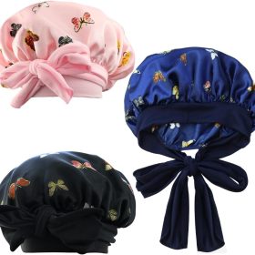 3 Piece Satin Hair Bonnet Set - Includes Butterfly Shower Cap & Soft Sleep Cap