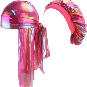 2 Piece Durag & Bonnet Set - Long Tail Silky Doo Rag and Turban Sleep Cap (for Men & Women)