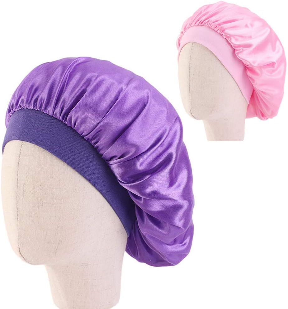 2 Pack Kids Satin Sleeping Cap - With Elastic Band, Night Hat for Baby & Toddler, Purple & Pink