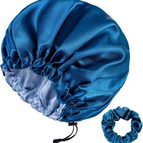 Mulberry Silk Bonnet for Sleeping - Adjustable Sleep Cap with Scrunchie, Blue