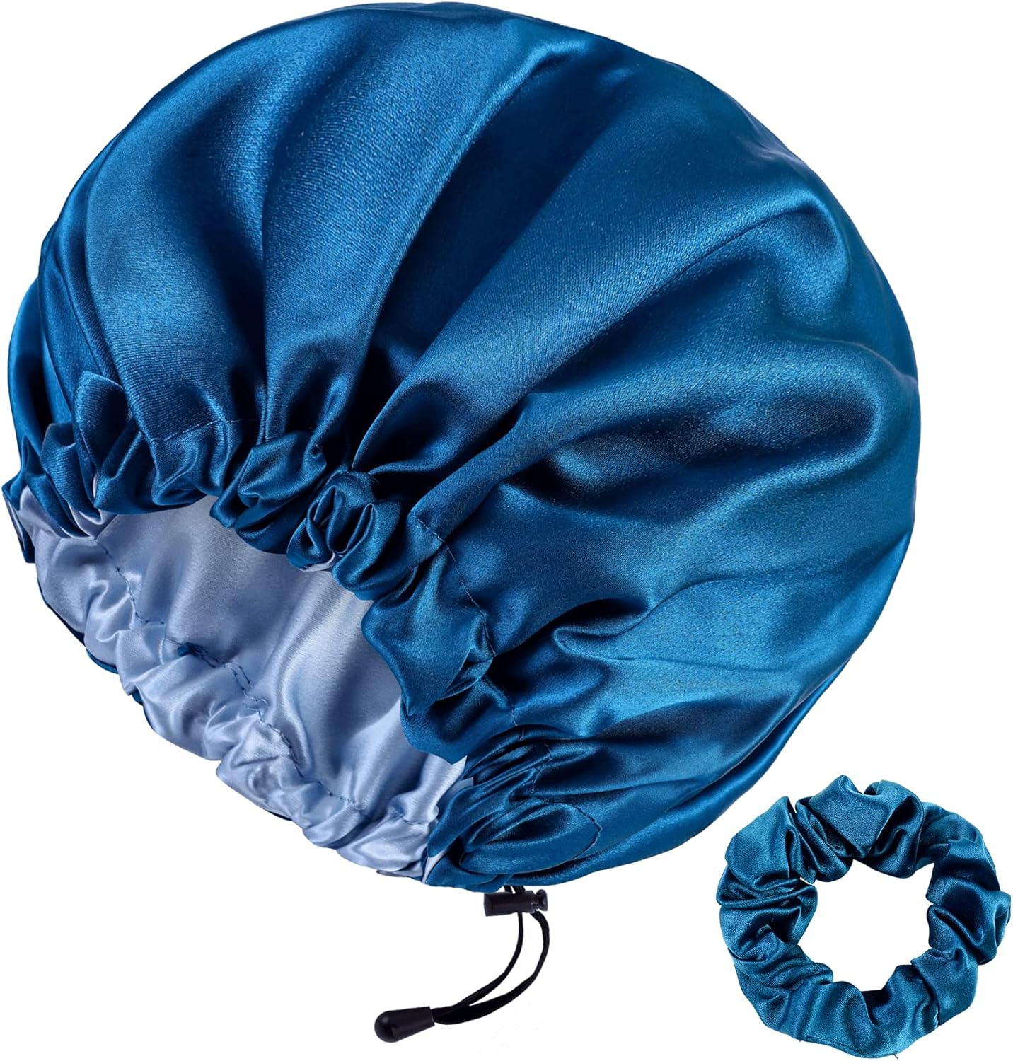 Mulberry Silk Bonnet for Sleeping - Adjustable Sleep Cap with Scrunchie, Blue